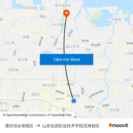 潍坊综合保税区 to 山东信息职业技术学院滨海校区 map