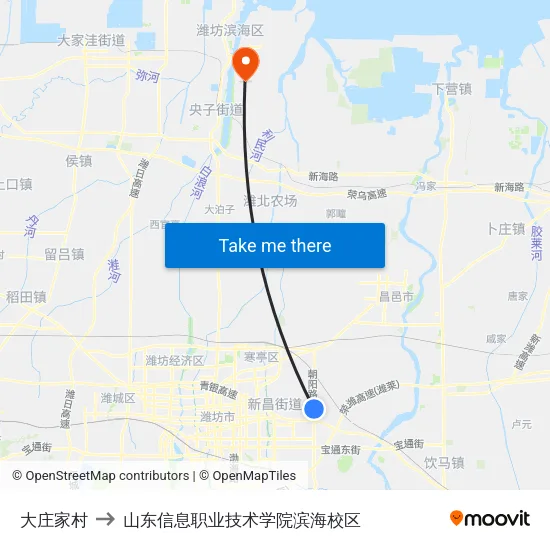 大庄家村 to 山东信息职业技术学院滨海校区 map