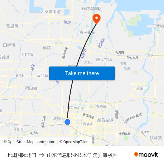 上城国际北门 to 山东信息职业技术学院滨海校区 map