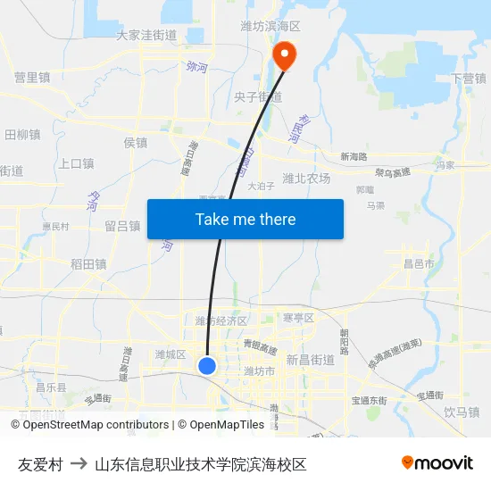 友爱村 to 山东信息职业技术学院滨海校区 map