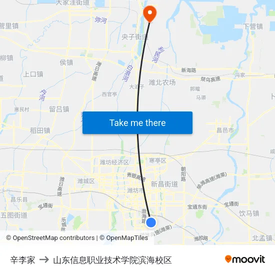 辛李家 to 山东信息职业技术学院滨海校区 map