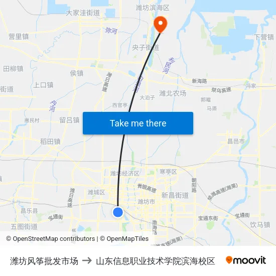 潍坊风筝批发市场 to 山东信息职业技术学院滨海校区 map