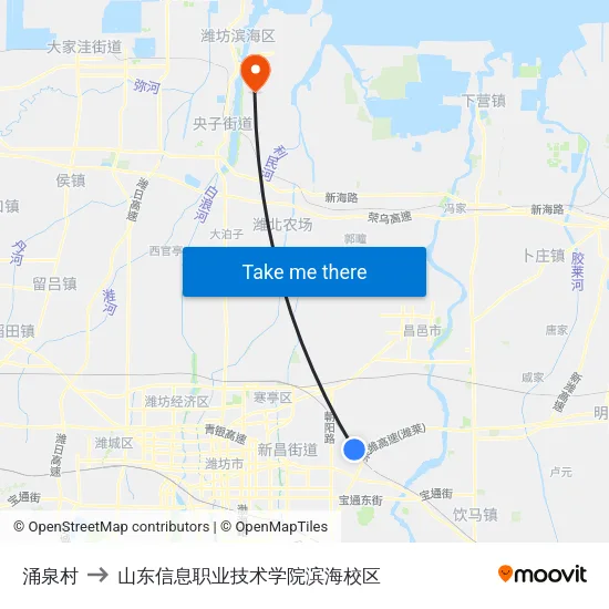 涌泉村 to 山东信息职业技术学院滨海校区 map