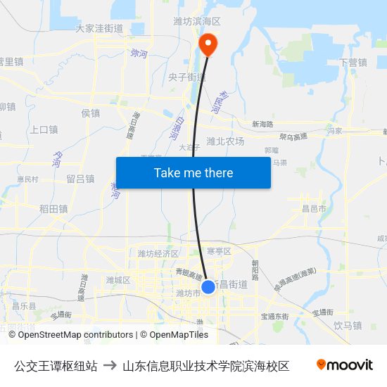 公交王谭枢纽站 to 山东信息职业技术学院滨海校区 map