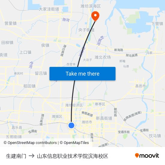 生建南门 to 山东信息职业技术学院滨海校区 map