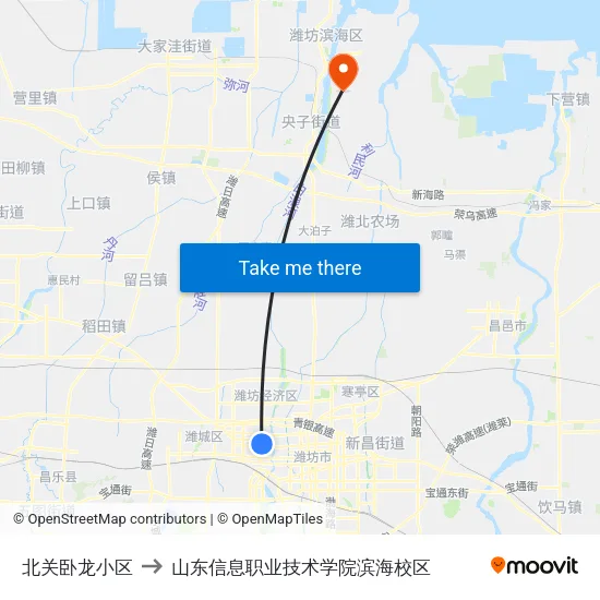 北关卧龙小区 to 山东信息职业技术学院滨海校区 map