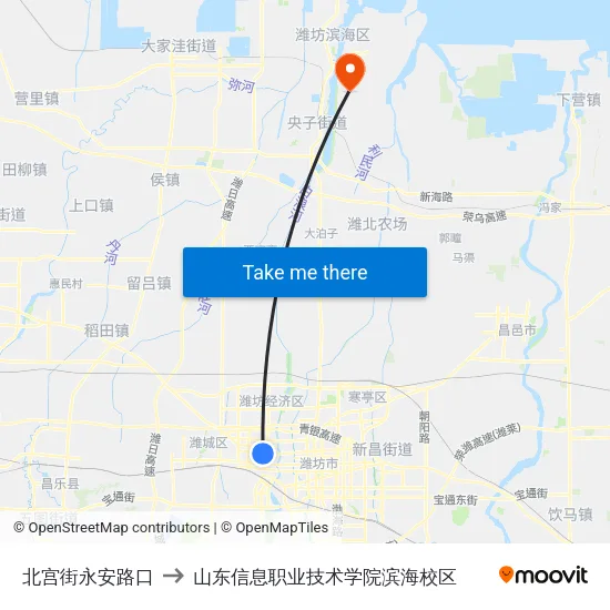 北宫街永安路口 to 山东信息职业技术学院滨海校区 map