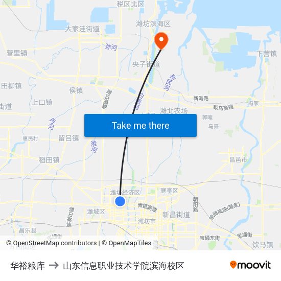 华裕粮库 to 山东信息职业技术学院滨海校区 map