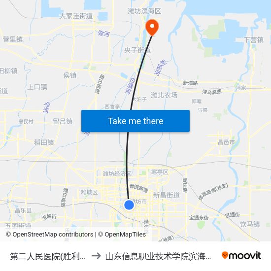 第二人民医院(胜利街) to 山东信息职业技术学院滨海校区 map
