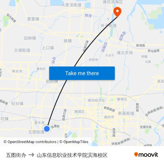 五图街办 to 山东信息职业技术学院滨海校区 map