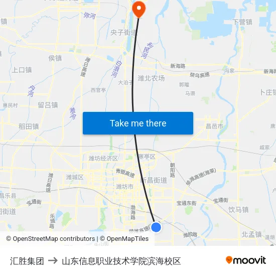 汇胜集团 to 山东信息职业技术学院滨海校区 map