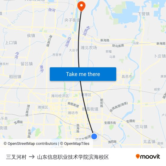 三叉河村 to 山东信息职业技术学院滨海校区 map