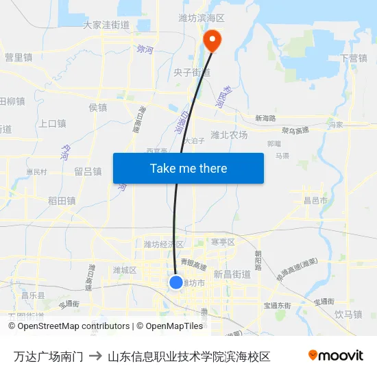 万达广场南门 to 山东信息职业技术学院滨海校区 map