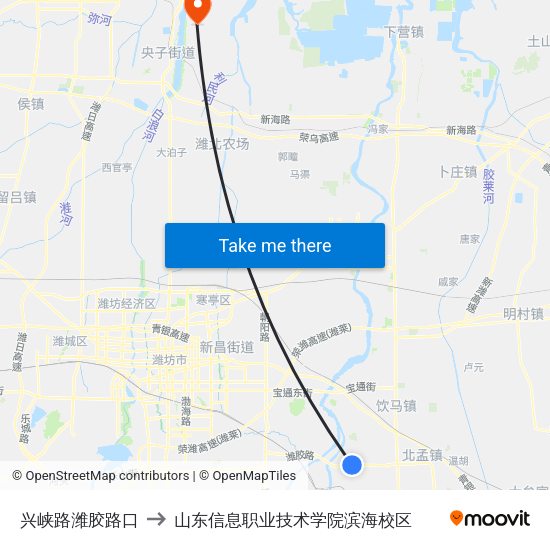 兴峡路潍胶路口 to 山东信息职业技术学院滨海校区 map