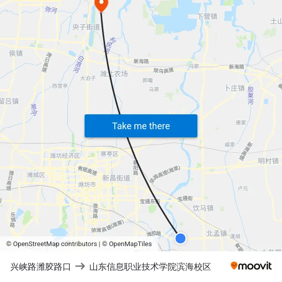 兴峡路潍胶路口 to 山东信息职业技术学院滨海校区 map