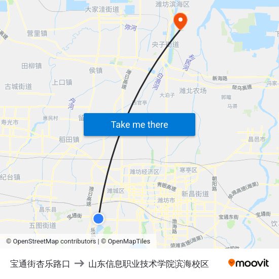 宝通街杏乐路口 to 山东信息职业技术学院滨海校区 map