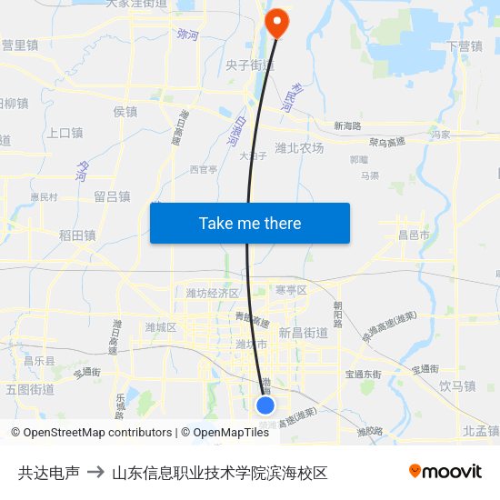 共达电声 to 山东信息职业技术学院滨海校区 map