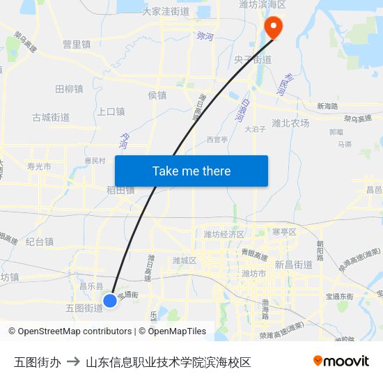 五图街办 to 山东信息职业技术学院滨海校区 map