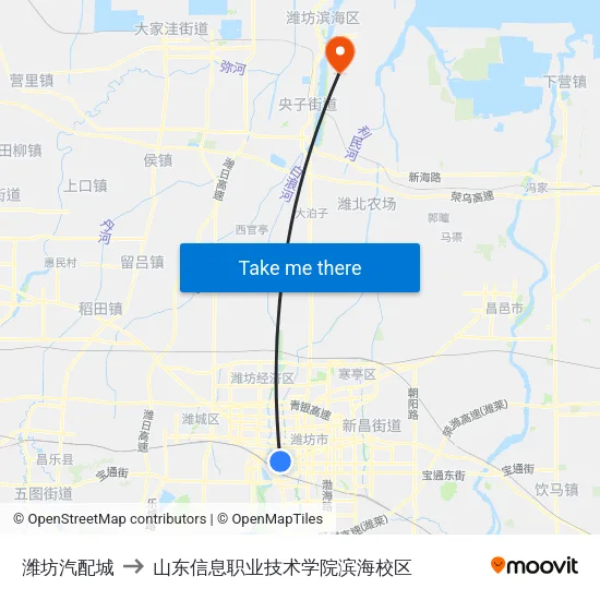潍坊汽配城 to 山东信息职业技术学院滨海校区 map