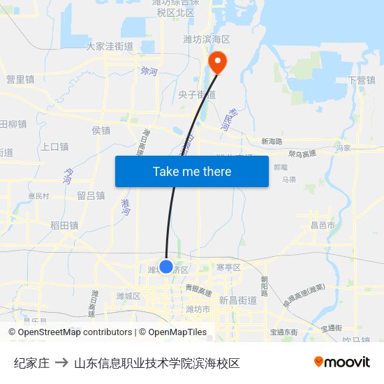 纪家庄 to 山东信息职业技术学院滨海校区 map