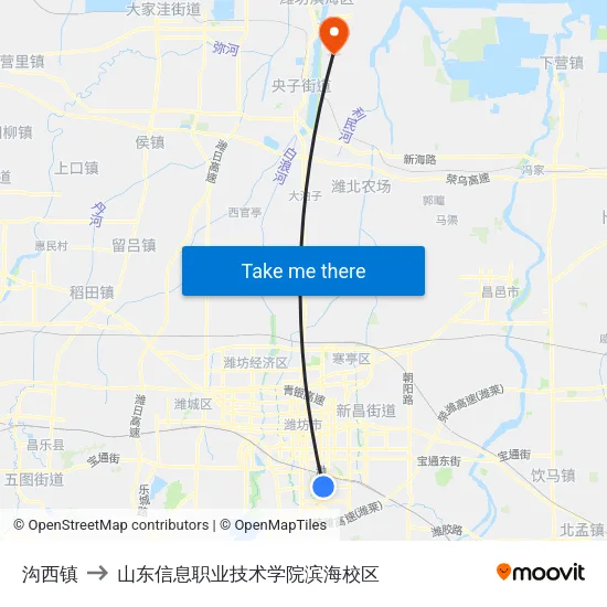 沟西镇 to 山东信息职业技术学院滨海校区 map