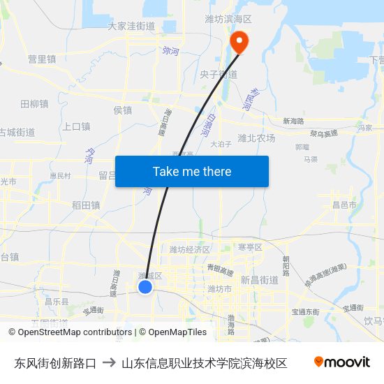 东风街创新路口 to 山东信息职业技术学院滨海校区 map