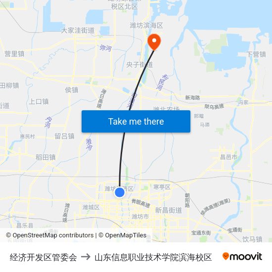 经济开发区管委会 to 山东信息职业技术学院滨海校区 map