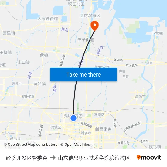 经济开发区管委会 to 山东信息职业技术学院滨海校区 map