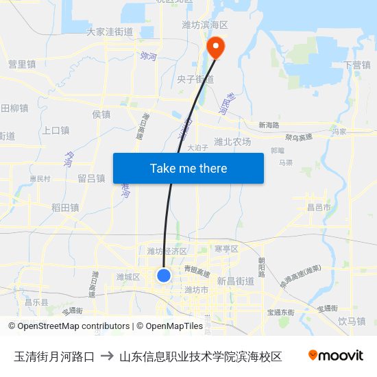 玉清街月河路口 to 山东信息职业技术学院滨海校区 map
