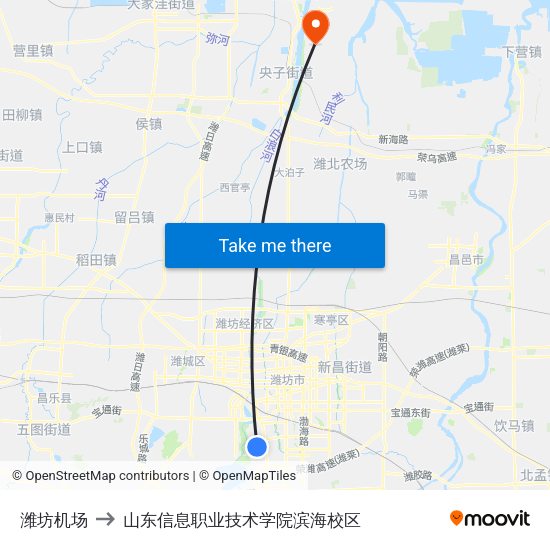 潍坊机场 to 山东信息职业技术学院滨海校区 map