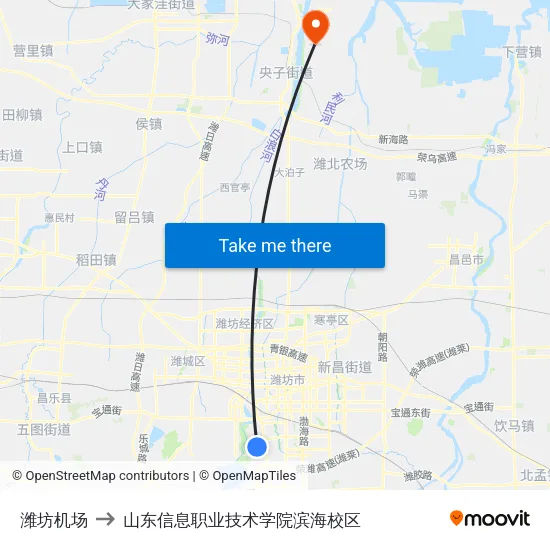 潍坊机场 to 山东信息职业技术学院滨海校区 map