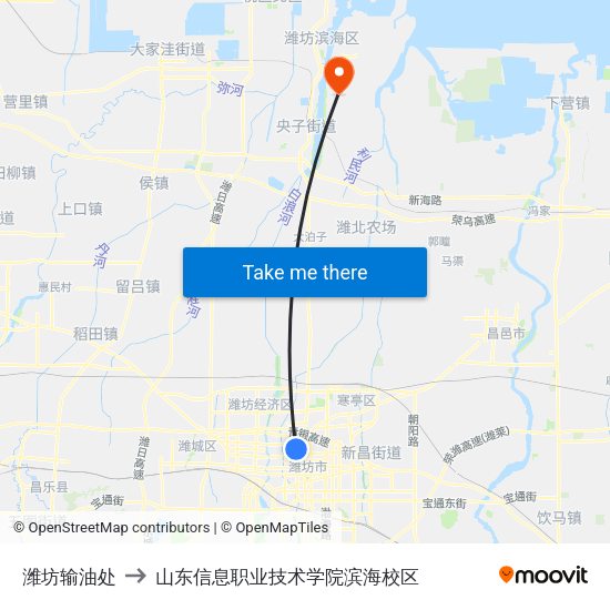 潍坊输油处 to 山东信息职业技术学院滨海校区 map