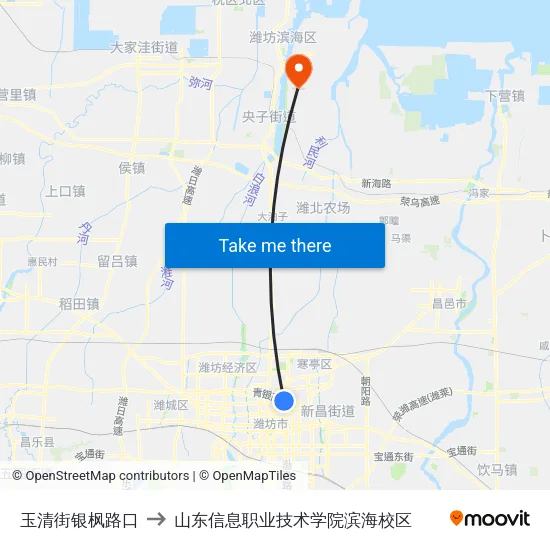 玉清街银枫路口 to 山东信息职业技术学院滨海校区 map