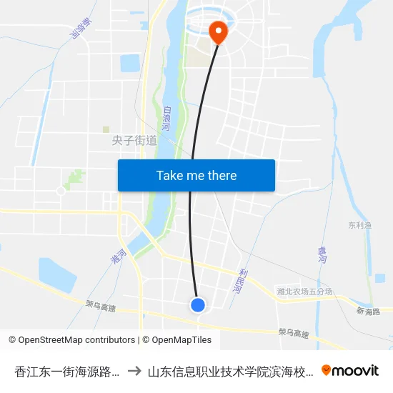 香江东一街海源路口 to 山东信息职业技术学院滨海校区 map