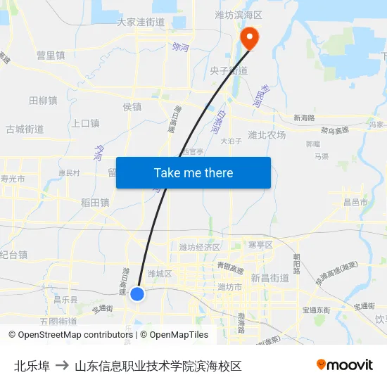 北乐埠 to 山东信息职业技术学院滨海校区 map