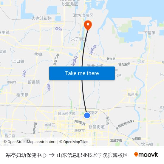 寒亭妇幼保健中心 to 山东信息职业技术学院滨海校区 map