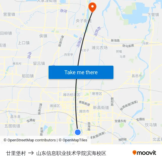 廿里堡村 to 山东信息职业技术学院滨海校区 map