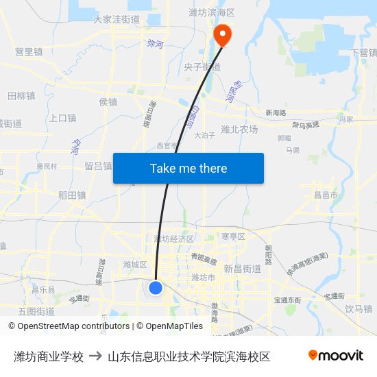 潍坊商业学校 to 山东信息职业技术学院滨海校区 map