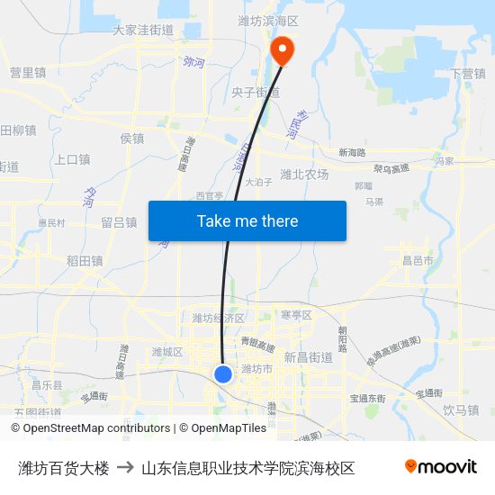 潍坊百货大楼 to 山东信息职业技术学院滨海校区 map