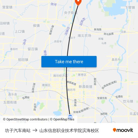 坊子汽车南站 to 山东信息职业技术学院滨海校区 map