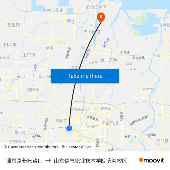 潍昌路长松路口 to 山东信息职业技术学院滨海校区 map