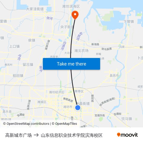 高新城市广场 to 山东信息职业技术学院滨海校区 map