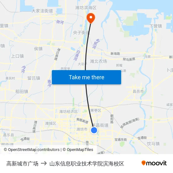 高新城市广场 to 山东信息职业技术学院滨海校区 map