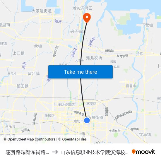 惠贤路瑞斯东街路口 to 山东信息职业技术学院滨海校区 map