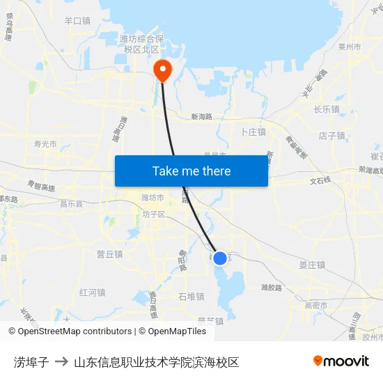 涝埠子 to 山东信息职业技术学院滨海校区 map