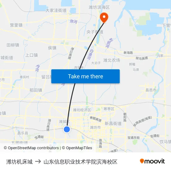 潍坊机床城 to 山东信息职业技术学院滨海校区 map
