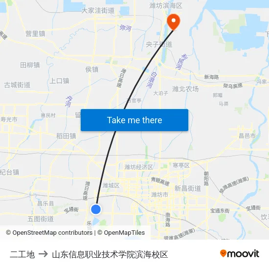 二工地 to 山东信息职业技术学院滨海校区 map