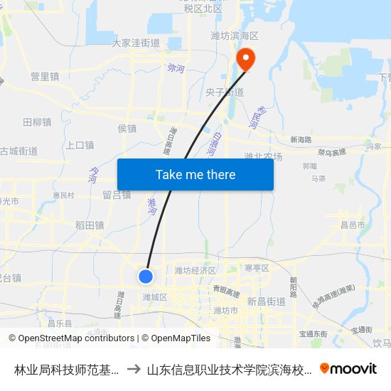 林业局科技师范基地 to 山东信息职业技术学院滨海校区 map