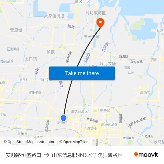 安顺路恒盛路口 to 山东信息职业技术学院滨海校区 map