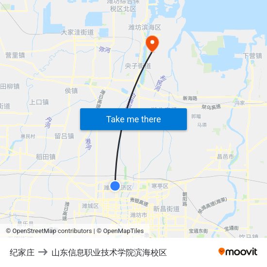 纪家庄 to 山东信息职业技术学院滨海校区 map